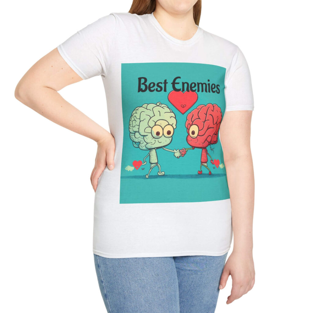 A woman proudly displays her t-shirt that reads "Best Enemies," showcasing her playful personality.