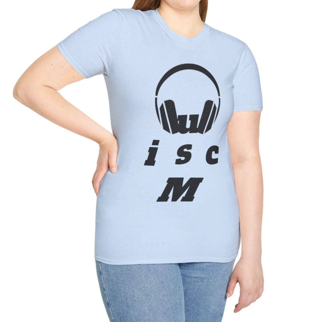 A woman in a blue shirt displaying the text "music" smiles confidently at the camera. Perfect for music lover.